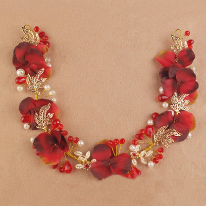 Artificial Flower Hairband Wedding Tiaras For Women Red Floral Pearl Headband Elegant Girls Hair Hoop Bridal Headwear Jewelry