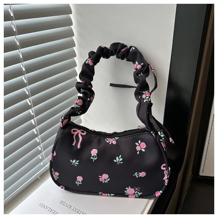Women's Bags  Summer Nylon Pleated Handbags Armpit Bag Korean Floral Bow Printed Zipper Tote Bag Female Small Shoulder Bags
