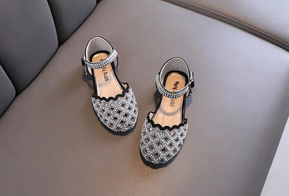Children Spring Summer Korean Version Dance Shoes Girls Pearl Show Shoes Girl Rhinestone Princess Lace Leather Shoes Solid Color