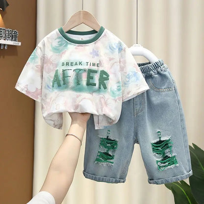 New Children's Printed Thin T-shirt+ hole Denim Shorts Teenager Boys Summer Fashion outfits