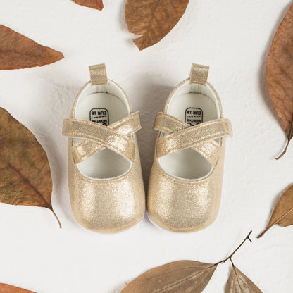 Gold Tie Cute Bow Flower Baby Princess Shoes Wedding Birthday Party Non-Slip Soft Sole Baby Toddler Shoes
