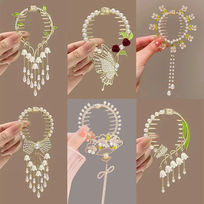Ladies Butterfly Rhinestone Pearl Metal Hair Claw Round Bun Ponytail Holder