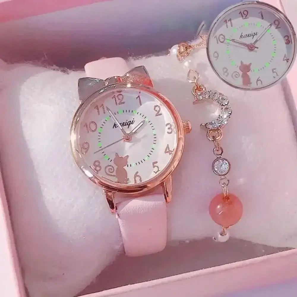 High Quality Quartz Clock Watch Bracelet Set Leather Watchband Casual Quartz Watch Cute Cat Ear Bracelet
