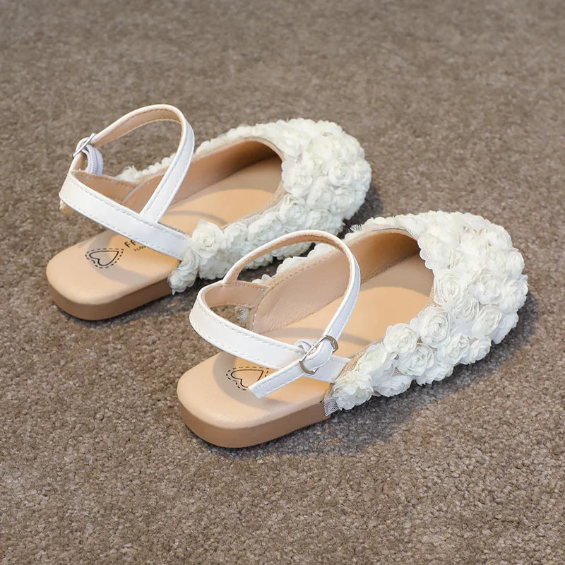 Girls Half Sandals Kids Princess Flowers Dress Shoes Fashion Simple Summer Children Flat Mary Janes Shoes for Party Wedding