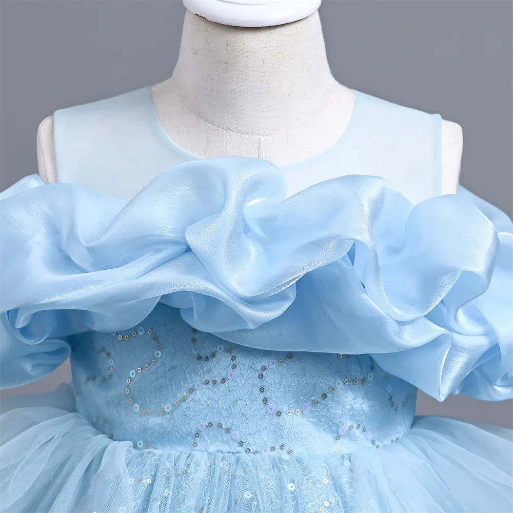 New Girl's Wedding Evening Dress Petal Sequin Mesh Sleeveless Dress Birthday Party School Graduation Party Dress