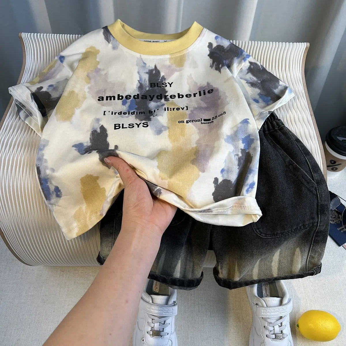 New Boys Sleeveless Vest Denim Shorts 2PC Sets Outdoor Festival Clothing Vintage Print Kids Miracle Design 2-10 Years White Tops