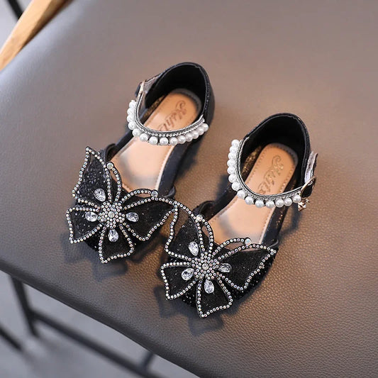 Large Crystal Bow Tie Kids Shoes for Girl Princess Beading Mary Jane Shoes Bling Prom Children  Girls Designer Shoes