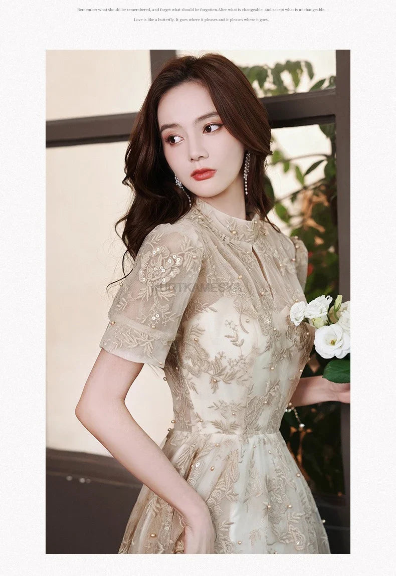 Elegant High Collar Evening Prom Bridesmaid Banquet Party Ball Dress Gown Short Sleeve Flower Embroidery Appliques Formal Dress