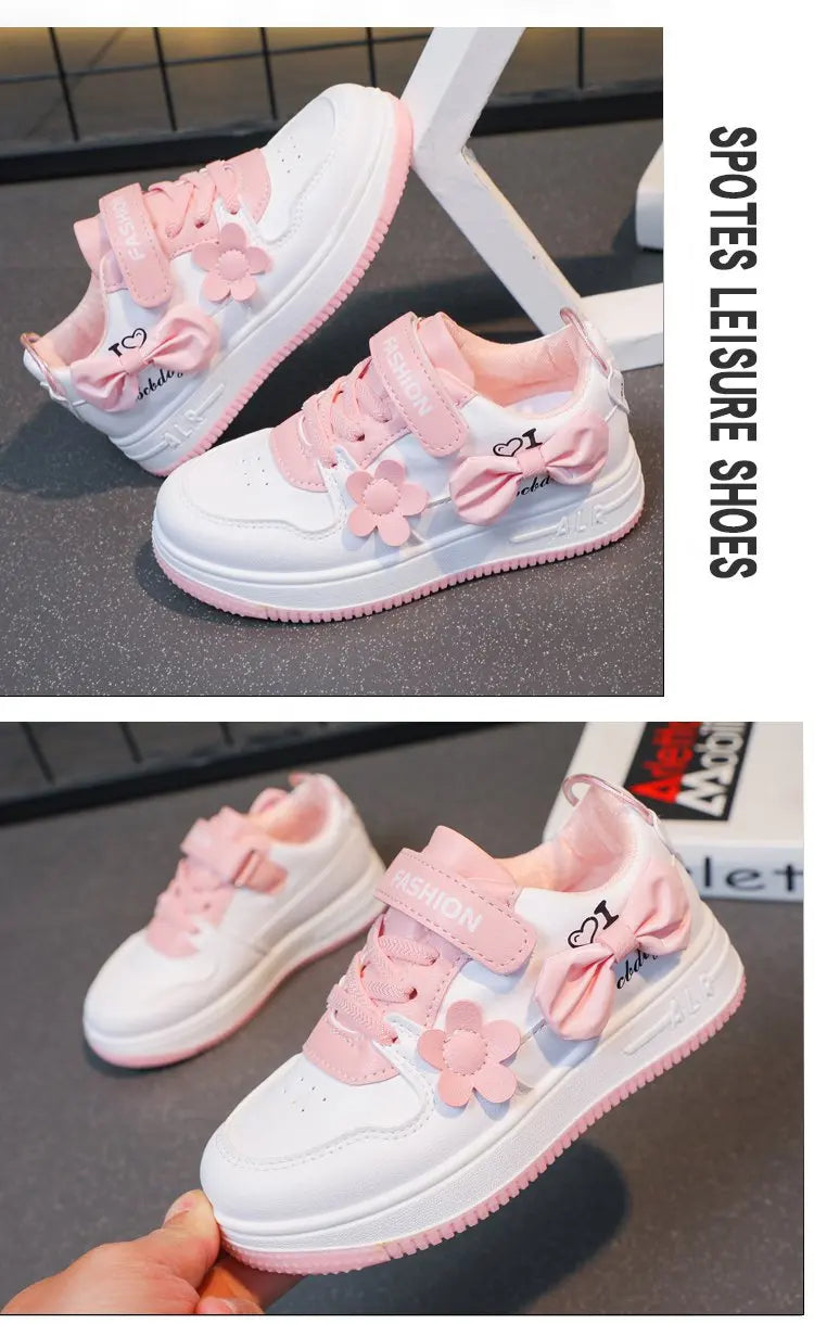 Girls Sneakers Pink Bow Decoration 3D Flowers Cute Sports Shoes Spring Autumn Breathable Casual Non-slip Outdoors Board Shoes