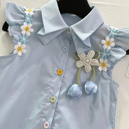 Summer New Baby Floral Short Sleeve Puff Sleeve Top Elastic Waist Pleated Skirt Girls' Set17401