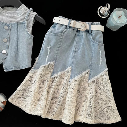 Girls Baby Summer Clothing Set Denim 4pcs Suits Top Vests+Tees+lace Skirts+Belt,fashion Kids Children Birthday Casual Clothes