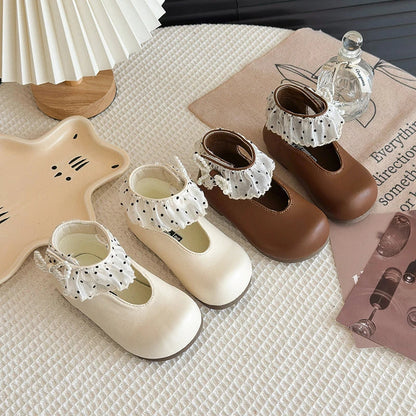Girl's Leather Shoes Frilly Pearl Adorable Hook-loop Kids Flat Shoe Beige Brown Shallow Sweet Trendy Children Shoe 23-34