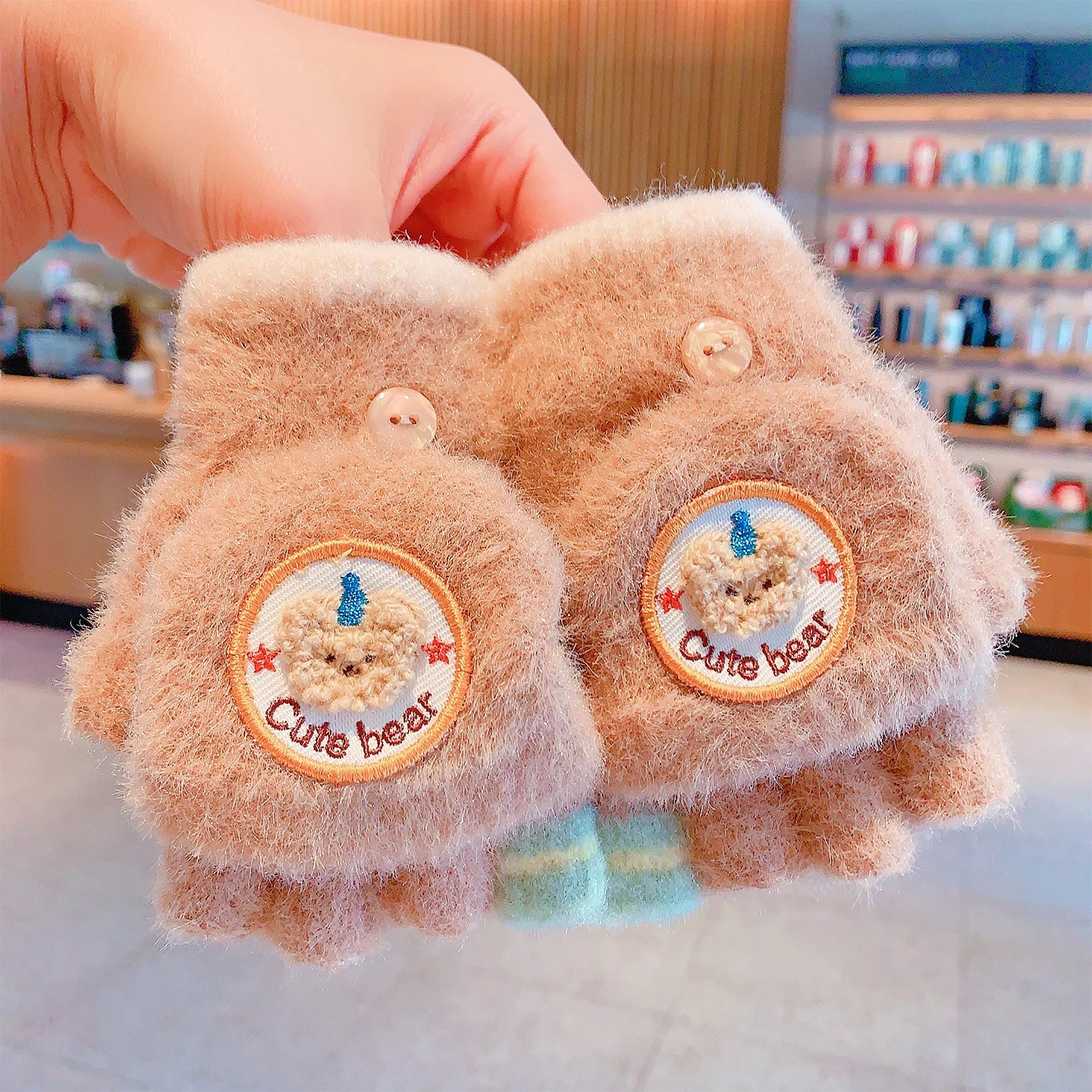 Winter Plush Knitted Cartoon Rabbit Flexible Flip-top Gloves Thicken Warm Cute Gloves For Baby Girls Half Finger Children Gloves