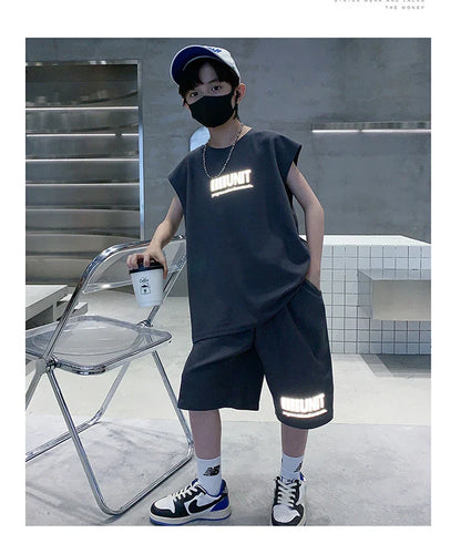 Teenage Summer Tracksuit for Boy with Shorts Tshirt 2 Piece Top and Bottom Clothes Set Kids Child Casual Cotton Outfit Suit Wear