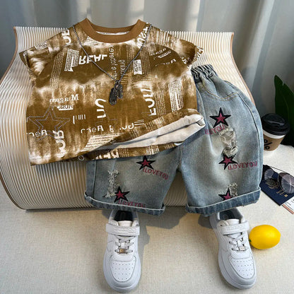 Korean Children's Summer Clothes Kids Set Outfits Boys 2025 Handsome Sleeveless&Short Sleeved T-shirt Denim Shorts 2-piece Set