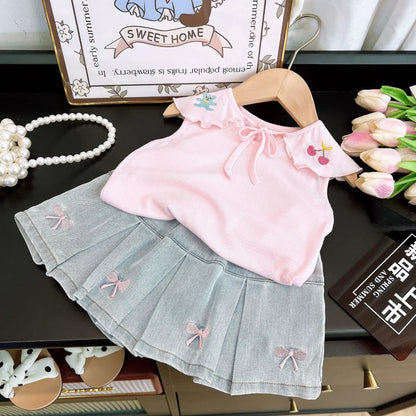 Children's Clothing Sets Cartoon Embroidered Lapel Sleeveless Top + Bow Embroidered Denim Skirt 2pcs Baby Girl Outfit Set