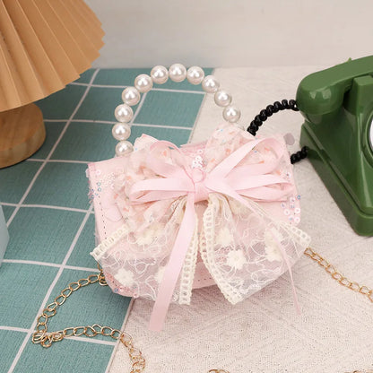 Cute Sequin Bow Kids Mini Square Shoulder Bags Versatile Children Chain Crossbody Bag Lace Girls Pearl Handbags Clutch Purse