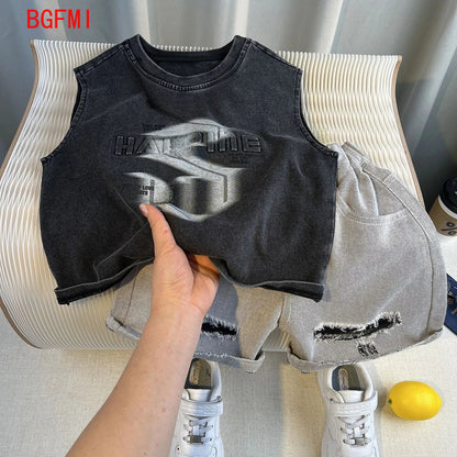 Korean Children's Summer Clothes Kids Set Outfits Boys 2025 Handsome Sleeveless&Short Sleeved T-shirt Denim Shorts 2-piece Set