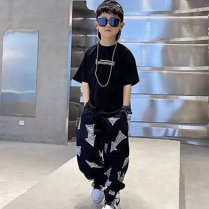 Children's Summer Set Korean Version Boy Hip Hop Loose Short Sleeve T-shirt Casual Mosquito Pants 2-piece Set