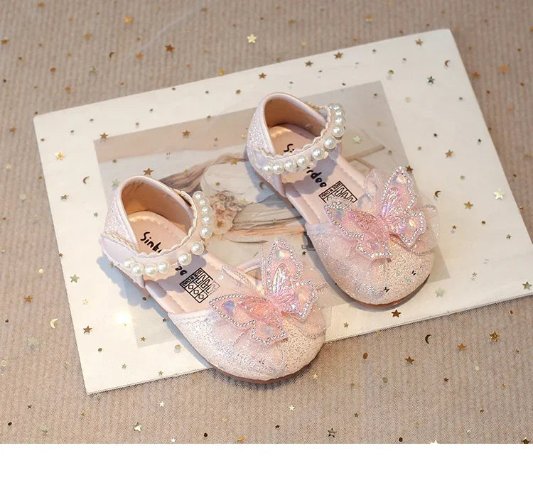 Girls Dress Shoes for Wedding Party Bling Sequins with Rhinestone Butterfly Sweet Princess Chic Kids Flat Shoes Lace Beaded