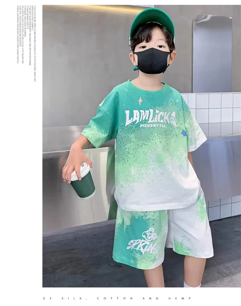 Boys' summer fashion casual sports  T-shirt+pants suitable for boys' hip-hop style fashion clothing set, lightweight and