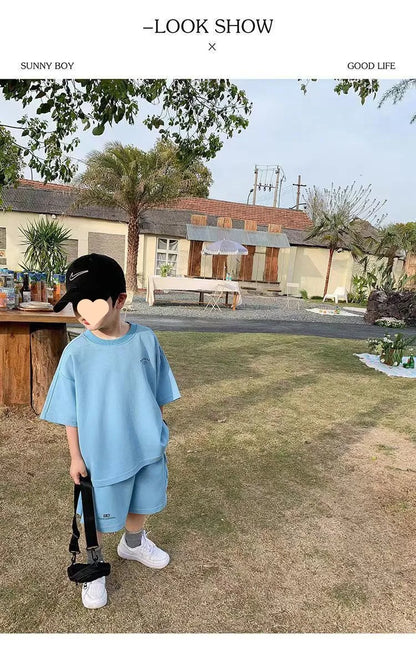 Summer Casual Boys Cotton Loose Alphabet T-shirt Tops+Short Pants Set School Kids Tracksuit Children 2-Piece Outfit Suit 2-14Yrs