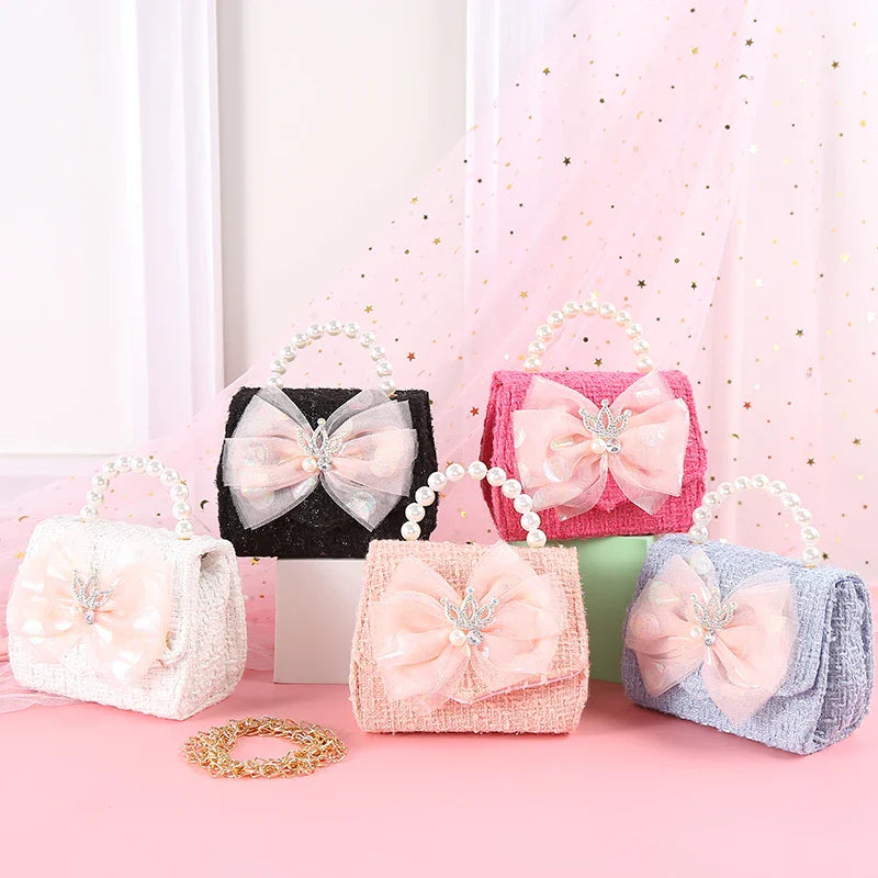 Pink Princess Crown Colorful Bow Children's Bag Fashion Hand-held Pearl Diagonal Girl Cross Body Shoulder Messenger Bags Purse