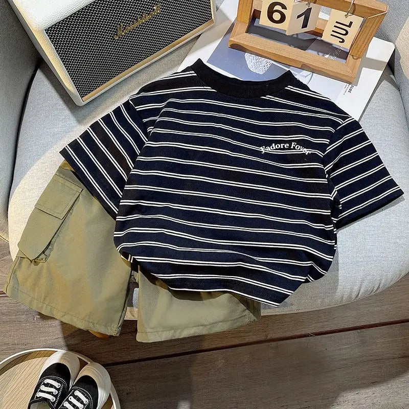 Summer Children Clothes Boys Girls Short-sleeved Striped T-shirt +Shorts 2Pcs Set Babies Fashion Round Neck Outfits Kids Suits