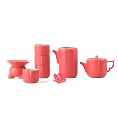 Traditional Chinese Tea Set, Porcelain Teapot, Stainless Steel, Tea Strainer, Cup, Bride and Groom Gifts, Traditional Red, Wed