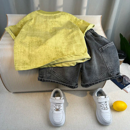 New Boys Fashion Summer Cotton Letter Printing T-shirts+Graffiti Denim Shorts 2pcs Set Kids Korean Outfits Sets Children Clothes