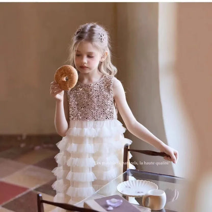 New Summer Party Dress for Kids Girls Sequined Sleeveless Mesh Cake Princess Dress Fashionable and Comfortable Skirt S4016