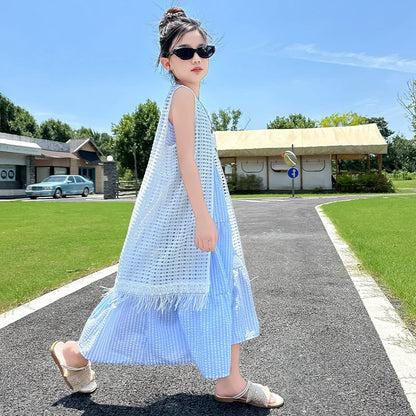 5-14Years Old Girls Dress Children Summer Sweet Beach Holiday Gown Kids Dresses Teenager Sleeveless Clothing Sets