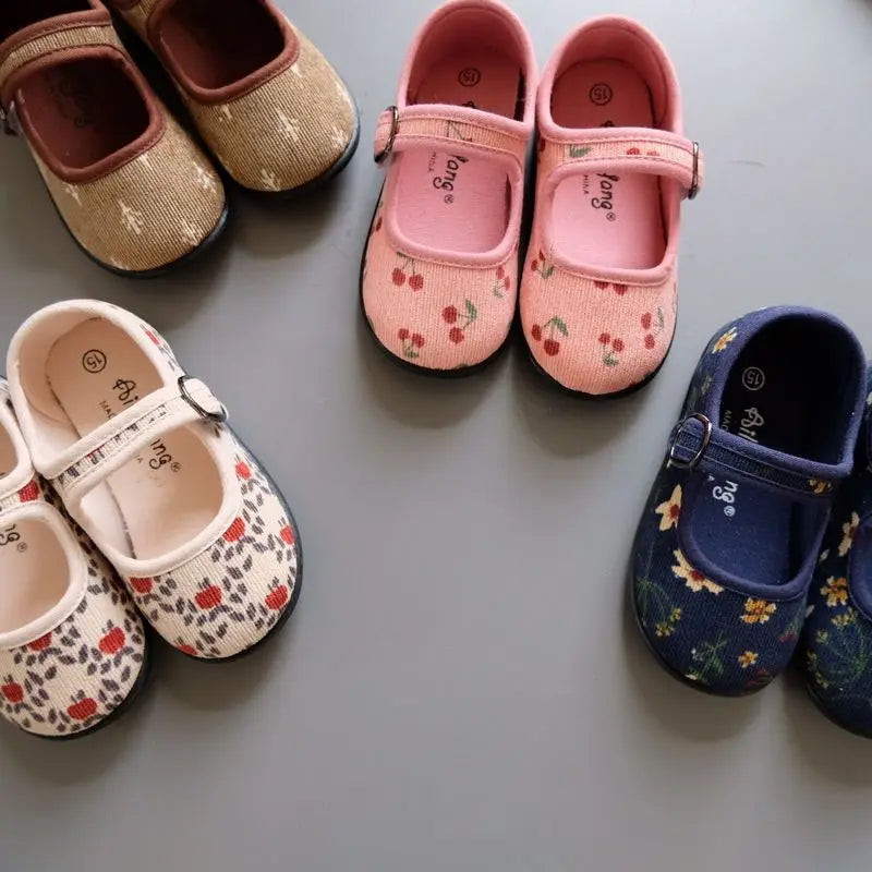 New Corduroy Floral Canvas Shoes Girls Square Mouth Indoor Shoes Soft Soled Non-slip Shoes
