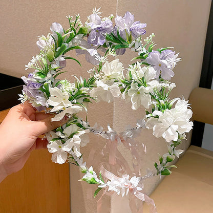 Boho Women's Flower Crown Forest Elf Fairy Floral Hair Hoop Handmade Simulation Ribbon Flower Headband Exquisite Hair Accessory