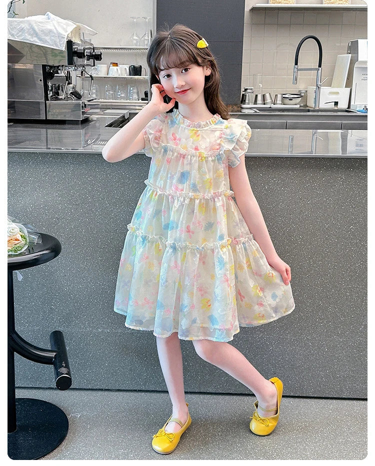 Summer girl's dress new style children's Western style floral chiffon princess dress printed baby's park play skirt