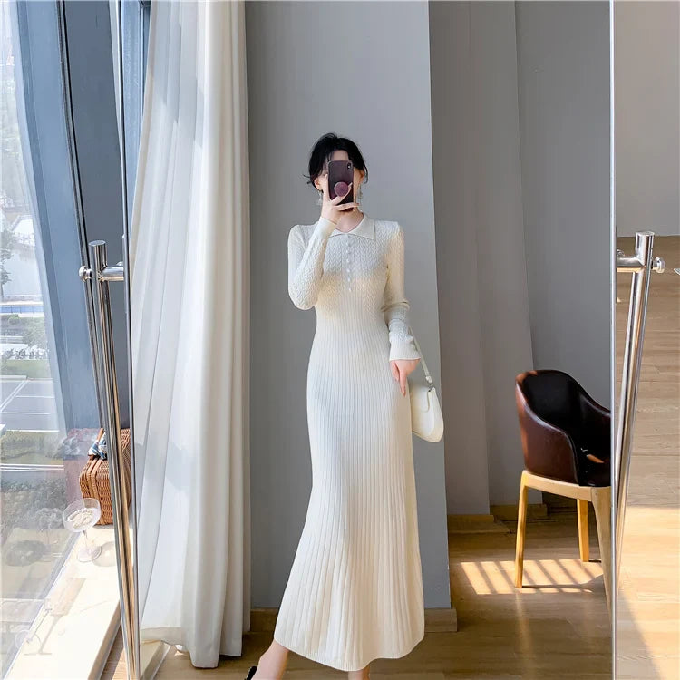 Sweater Dress Women New  Autumn Winter Purple White Or Black High Waist A Line Dress Elegant Long Knitted Dress