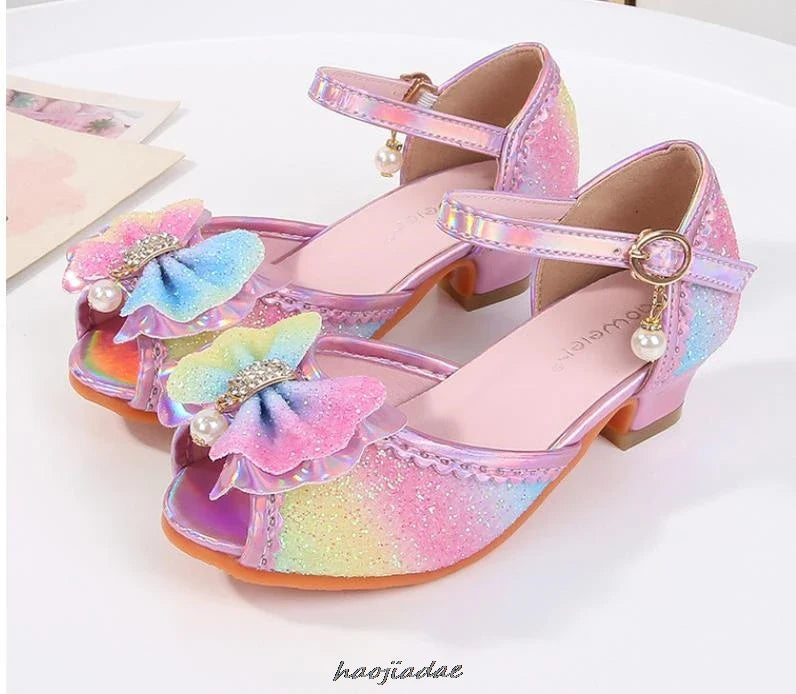 Summer High Heels Shoes for Girls Pageant Kids Sandals Child Mary Jane Shiny Princess Party Dress Up Shoes Purple Gold Pink Blue