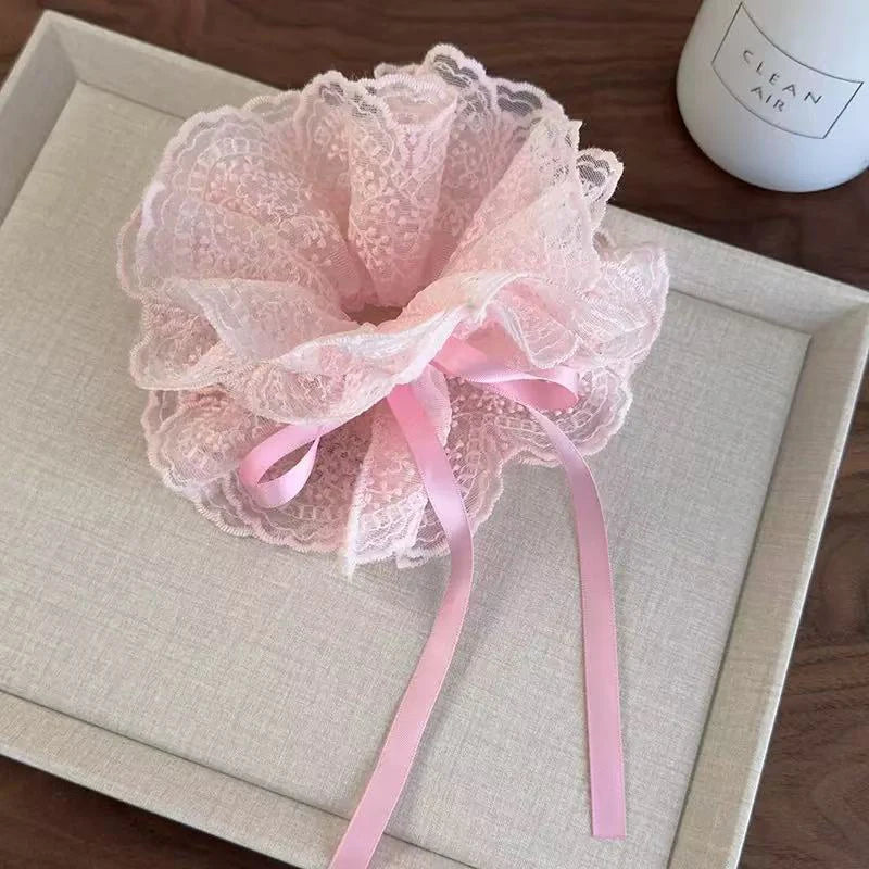 Sweet Drawstring Bow Lace Hair Scrunchies For Women Elastic Hair Bands Ponytail Holders Girl Hair Accessories