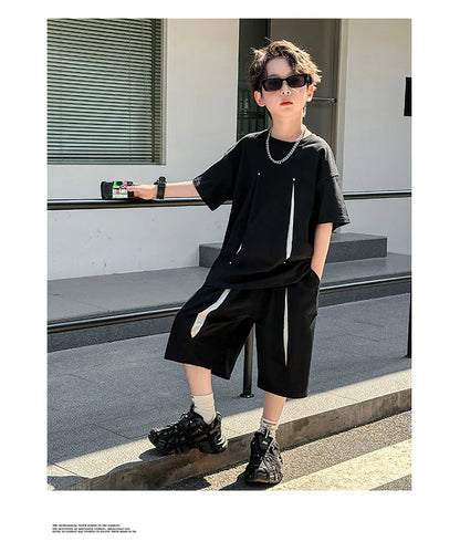 American Kids Design Double Cotton Gauze Clothing Set For Teenage Boy Casual Summer Top and Bottom Clothes Set Child Tracksuit