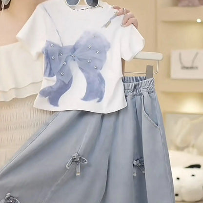 2025 Summer Girls Three-dimensional Bow Round Neck Solid Color Short Sleeve Fashionable Versatile Bow Culottes Two-piece Set