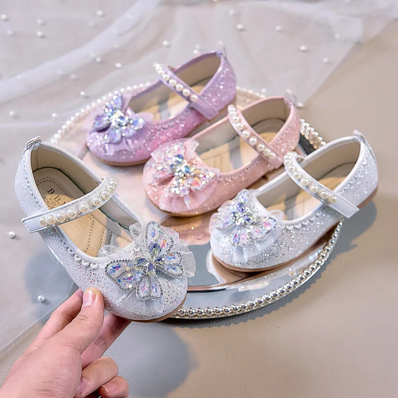 Bowtie Kids Leather Shoe Fashion Causal Sequins Children Causal Wedding Flat Shoes Autumn Girl Princess Shoes