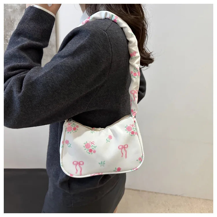 Women's Bags  Summer Nylon Pleated Handbags Armpit Bag Korean Floral Bow Printed Zipper Tote Bag Female Small Shoulder Bags