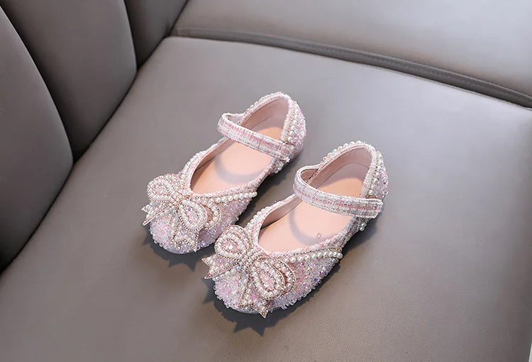 Girls Shoes Bling Single Shoes for Stage Performance Mary Janes Bow Crystal Glitter Wedding Flats Dance Party Leather Shoes New