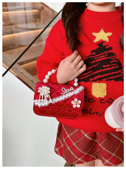 Sweet Bow Children's Small Square Shoulder Bag Sequin Lace Princess Girls Crossbody Bags Pearl Handle Coin Purse Handbags Gifts