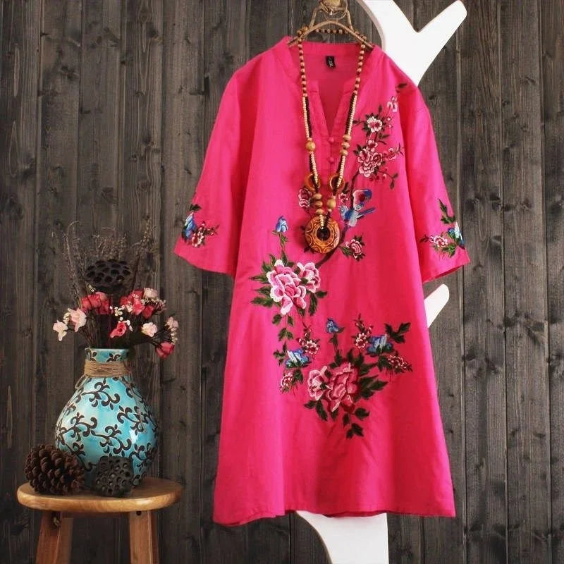 Women Dresses Women's Embroidered Dress Summer Loose Short Sleeve Skirt Vestido De Mujer Femme Robe