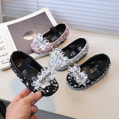 Children's Shoe for Girl Fashion Rhinestone Kids Leather Shoes Sequins Princess Ballet Slip-on Versatile Toddler Casual Shoes