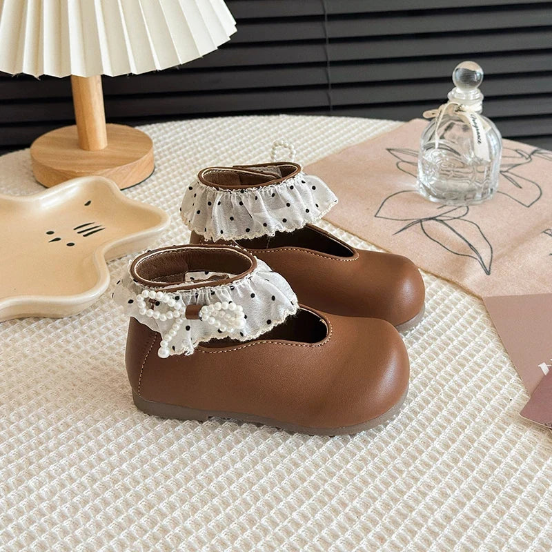 Girl's Leather Shoes Frilly Pearl Adorable Hook-loop Kids Flat Shoe Beige Brown Shallow Sweet Trendy Children Shoe 23-34