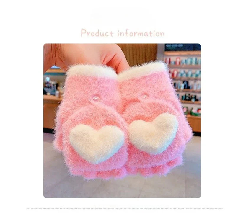 Winter Plush Knitted Cartoon Rabbit Flexible Flip-top Gloves Thicken Warm Cute Gloves For Baby Girls Half Finger Children Gloves