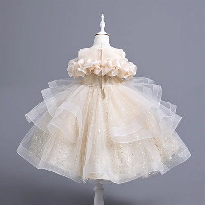 New Girl's Wedding Evening Dress Petal Sequin Mesh Sleeveless Dress Birthday Party School Graduation Party Dress