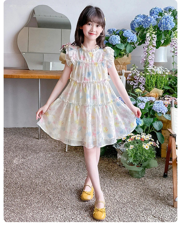 Summer girl's dress new style children's Western style floral chiffon princess dress printed baby's park play skirt